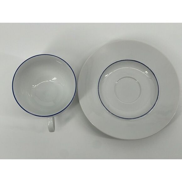 Crate & Barrel Epoch Blue Line White Tea Cup & Saucer Set Kathleen Wills Japan - Picture 2 of 8